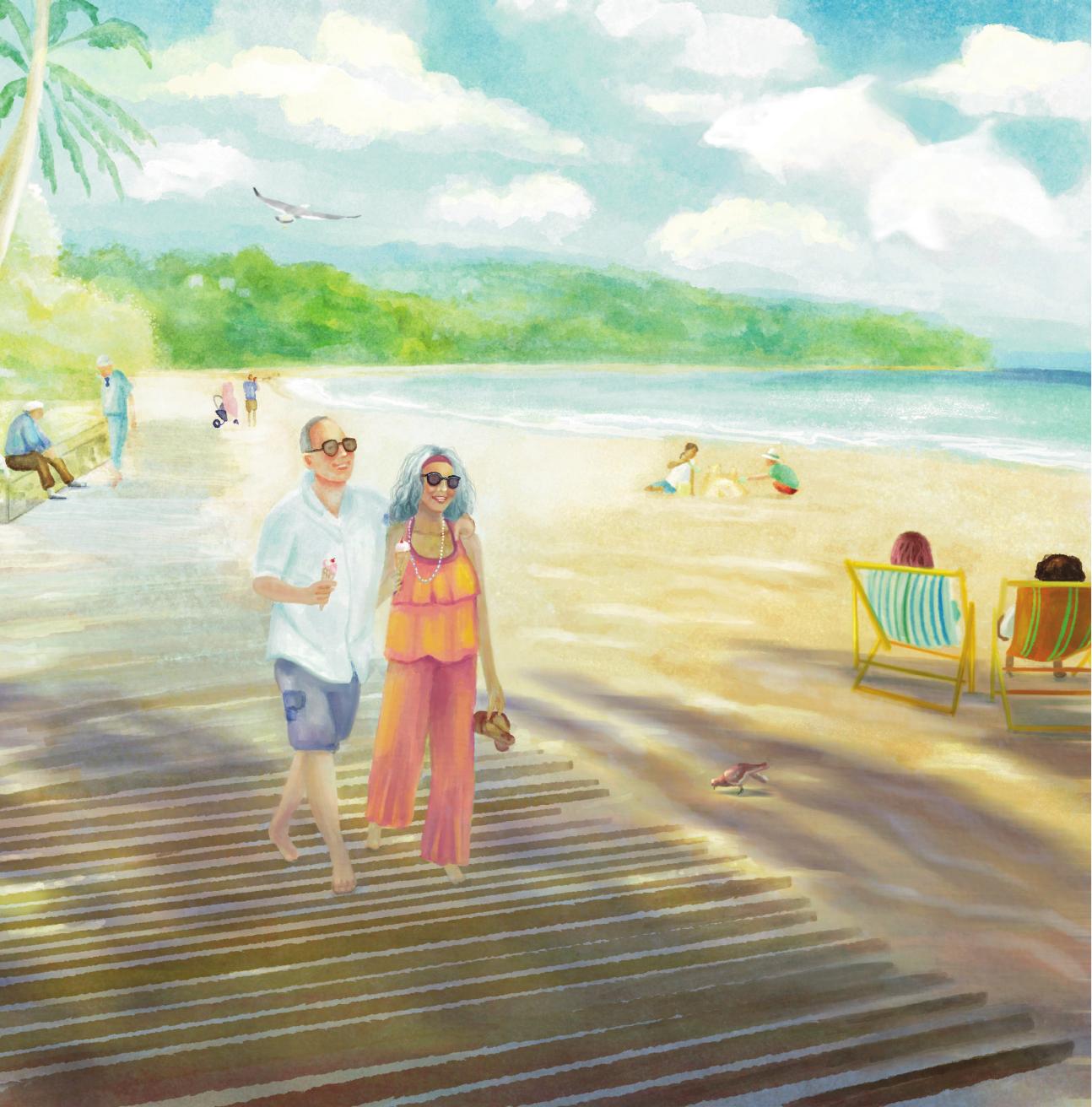 Couple walking on sunny beach