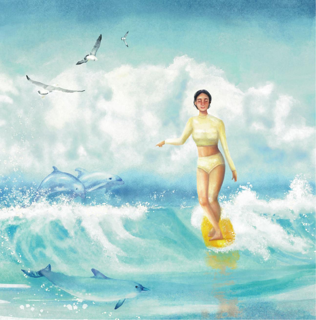 Woman surfing with dolphins